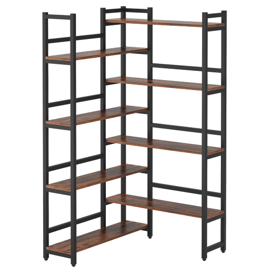 Space-Saving 70.8'' Tall Industrial Corner Bookshelf in Deep Brown - Blends Steel Frame & Wooden Accents, 8 Tiers of Storage, Sturdy & Easy to Assemble, Ideal for Living Room & Home Office Decor, Bookshelf Decorations